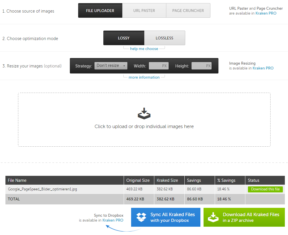 Bilder optimieren mit kraken.io-Onlinetool