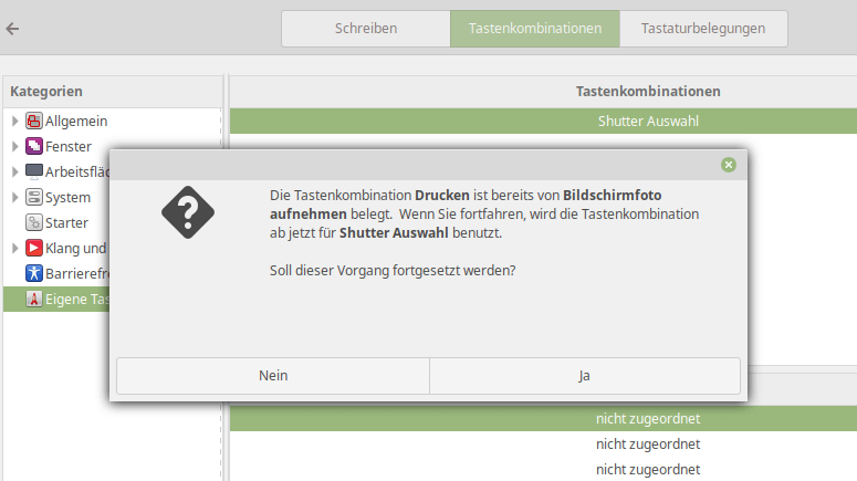 Shutter Warnung Tastenkombination ersetzen